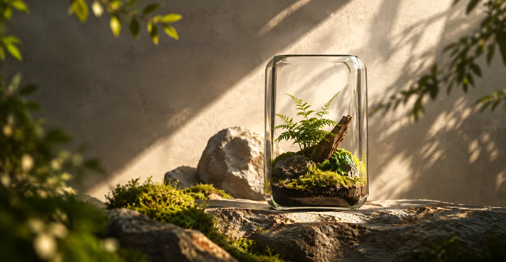 A glass terrarium with fern, moss and driftwood on a stone ledge in late sunlight