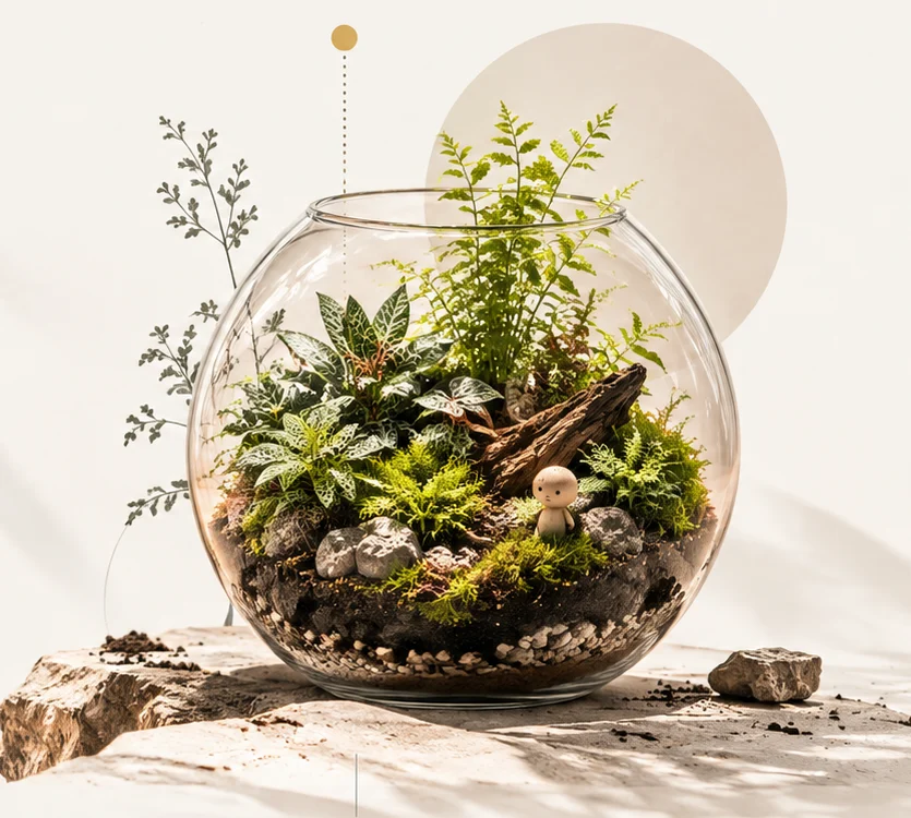 A planted terrarium with ferns, moss and stones, resting on a stone slab in warm daylight
